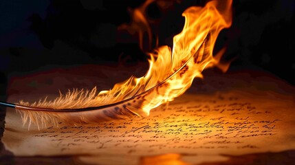 Burning Feather Quill Writing a Love Poem, Fire of Passionate Words