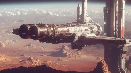 Fototapeta premium Space station building on planet vector landscape. Futuristic spaceship on Mars city base cartoon background. Alien colony in cosmos with exploration mission and research adventure game banner