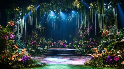 A stage with a garden theme featuring lush greenery and cascading flowers 