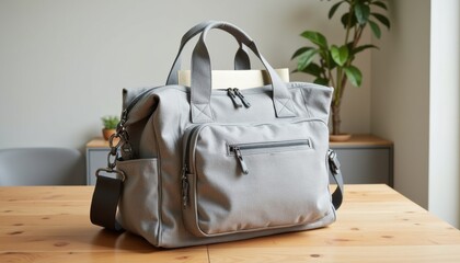 A close-up shot of a diaper bag mockup, showcasing the bag&rsquo;s compartments and features, placed on a clean wooden surface with minimal background elements