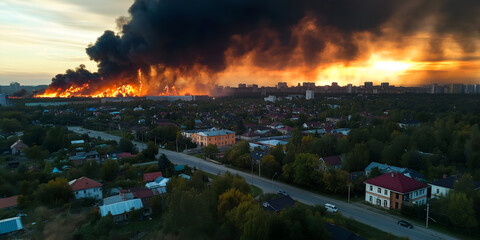 .Fire in a small town, burning private houses. The city destroys the flames. Natural disaster by fire in the city. City fire concept.