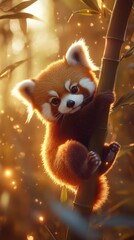 Fototapeta premium An adorable cartoon red panda clambers playfully up a bamboo stalk in a magical, glowing forest.