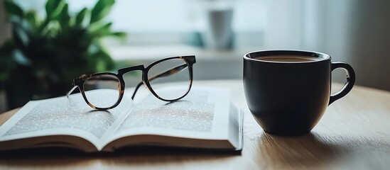 Open book, eyeglasses, and coffee cup on a wooden table near a window.