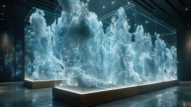 Holographic horses galloping with ethereal smoke effect: Digital light art installation featuring luminous equine forms for modern technology and artistic visualization concepts