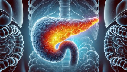 Colorful digital rendering of the human pancreas depicting inflammation, highlighting the condition of pancreatitis.