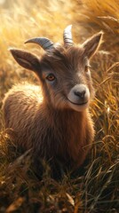 Fototapeta premium A playful baby goat among golden grass, radiating joy and curiosity in a sunlit meadow.