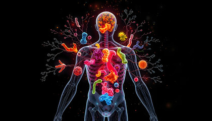Relationship between the human body and microbiome, vibrant ecosystem fostering balance and health isolated with white highlights, png