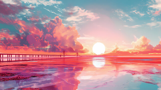 Drone panorama of sunshine skyway bridge over tampa bay generative by ai. Twilighted. Illustration