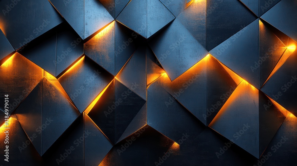 Poster illuminated dark geometric triangular wall pattern.