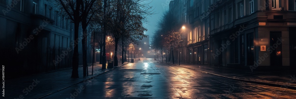 Aufkleber empty urban street illuminated by streetlights with symbolic virus motif in the early evening. gener