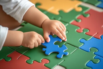 Infant hands delicately connecting blue puzzle piece on colorful mat, demonstrating early cognitive development and precise motor skill learning