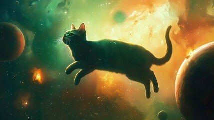 A grey cat floats in vibrant space, amidst nebulae, planets, and stars.