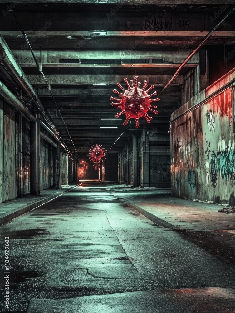 Poster empty urban street featuring symbolic virus motifs under illuminated graffiti walls at night. genera