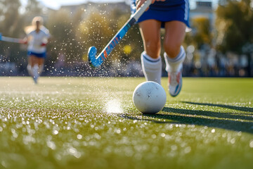Intense field hockey action focusing on a player and the hockey ball during a competitive match