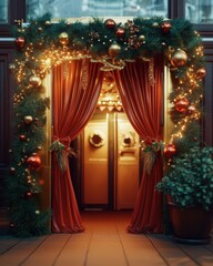 A festive doorway adorned with greenery and ornaments, creating a warm holiday ambiance.