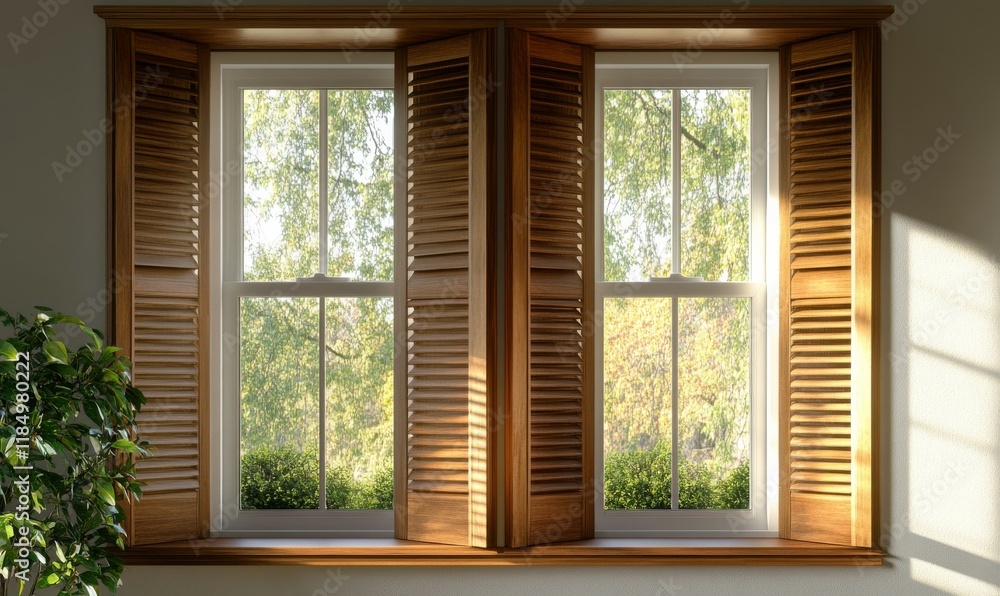 Poster two wooden windows with shutters on them. the shutters are open and the windows are letting in light