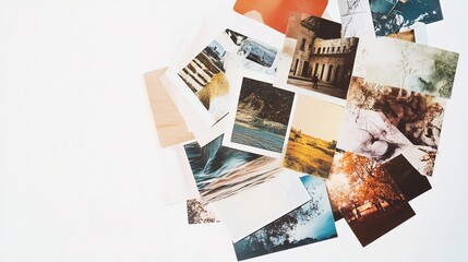 Pile of assorted photographs, memories, travel, landscape, nature, architecture, vintage, nostalgic.