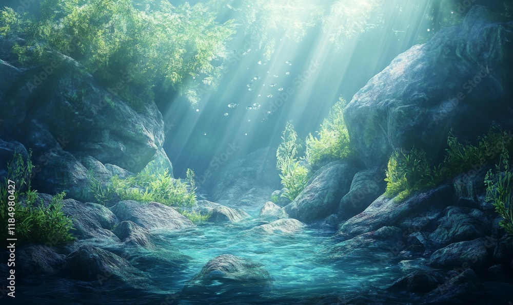 Poster underwater scenery featuring rocks with sunbeams filtering through the water, creating a serene and 