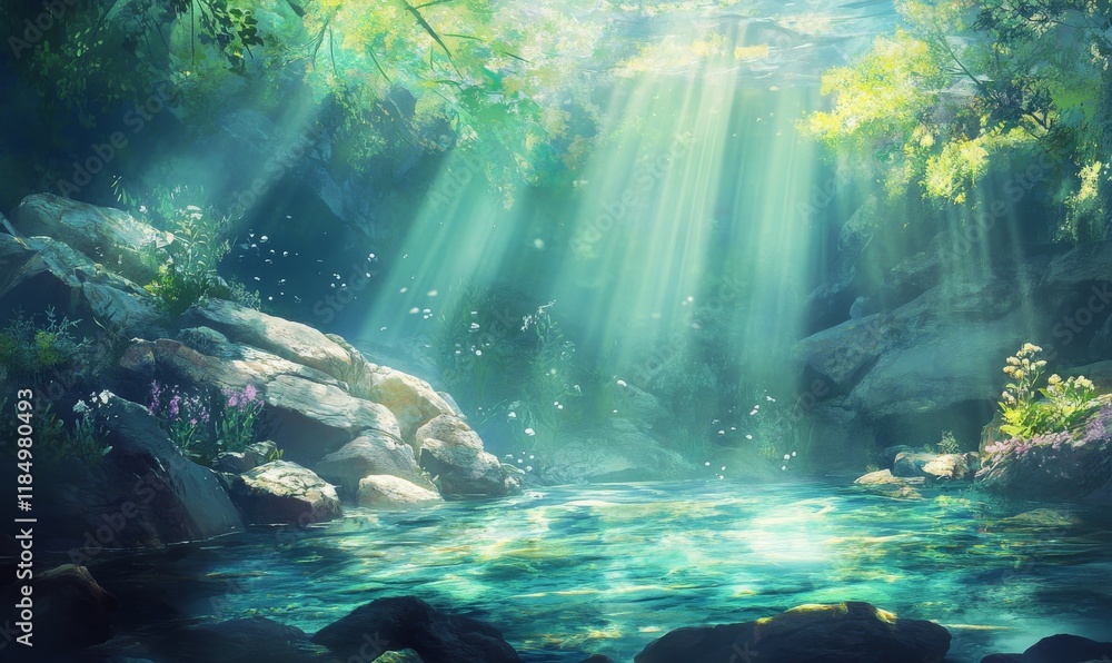 Poster underwater scenery featuring rocks with sunbeams filtering through the water, creating a serene and 