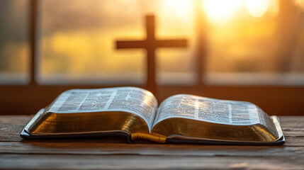 An open Holy Bible on a modern white table with a blurred wooden cross in the background, illuminated by soft window light. Minimalistic, bright tones symbolize faith, spirituality, and reflection.
