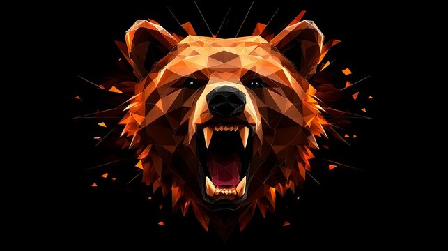 Geometric bear roaring in the dark. Fiery orange tones contrast against the black background. Powerful and intense.