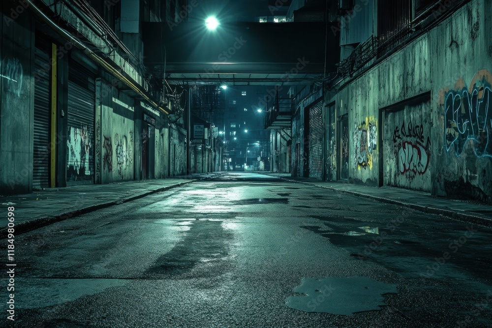 Poster empty urban street reflects isolation with symbolic virus motif at night in a deserted city atmosphe
