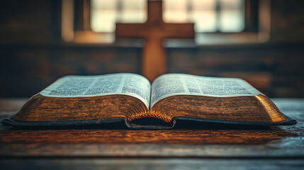 Obraz premium An open Holy Bible on a modern white table with a blurred wooden cross in the background, illuminated by soft window light. Minimalistic, bright tones symbolize faith, spirituality, and reflection. 