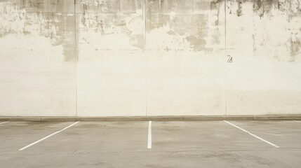 Grungy beige concrete wall with empty parking spaces.