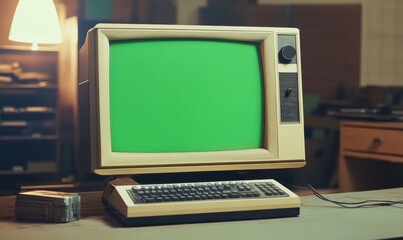 Vintage computer monitor with retro design and green screen. Suitable for sci-fi or vintage electronics concept.