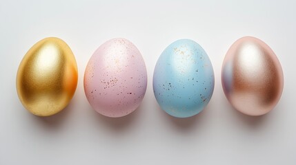 Shiny pastel Easter eggs arrangement with metallic finishes on soft white background perfect for seasonal decoration and greeting card designs