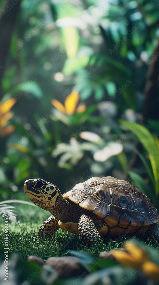 Poster a detailed view of a tortoise in a lush, vibrant jungle setting, showcasing its unique patterns and 