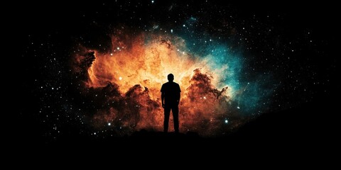Fototapeta premium A Solitary Figure Contemplates a Cosmic Nebula