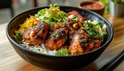 Tasty Madhbi Chicken Or Chicken Biryani With Tomato Sauce And Salad, Presented On A Wooden Table, Side View Of Delicious Fast Food.