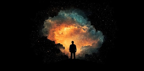 Fototapeta premium A Solitary Figure Contemplates A Cosmic Nebula
