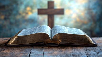 An open Holy Bible on a modern white table with a blurred wooden cross in the background, illuminated by soft window light. Minimalistic, bright tones symbolize faith, spirituality, and reflection.
