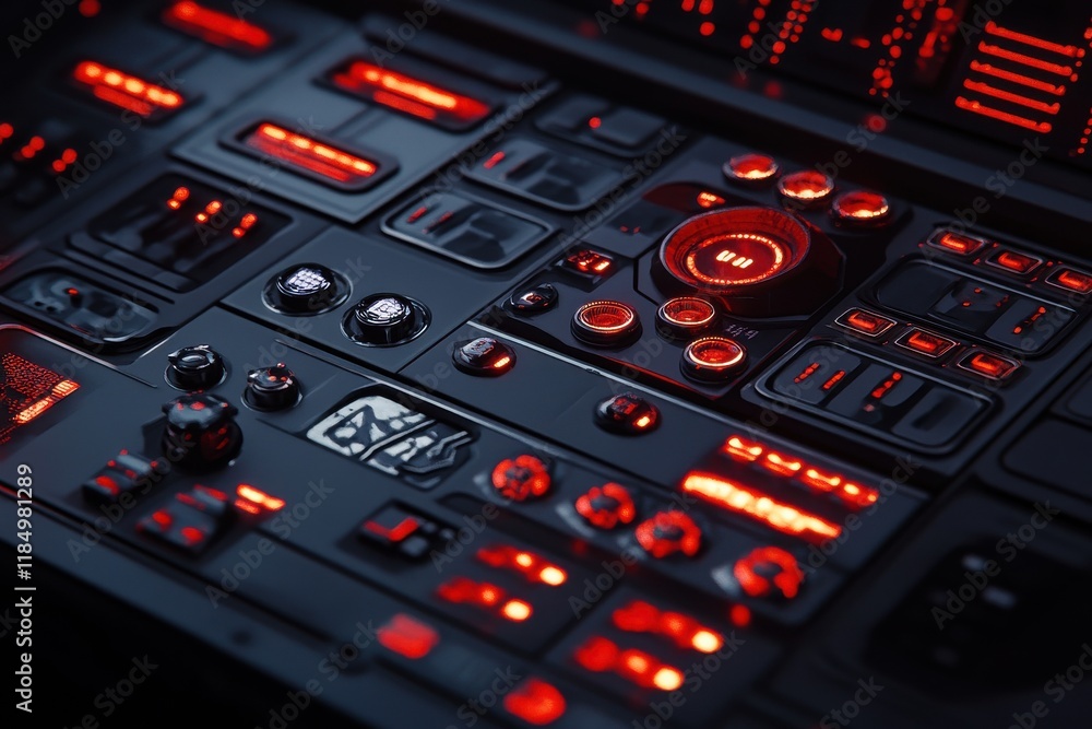 Poster intricate black control panel with glowing red buttons and screens, creating a futuristic and high-t