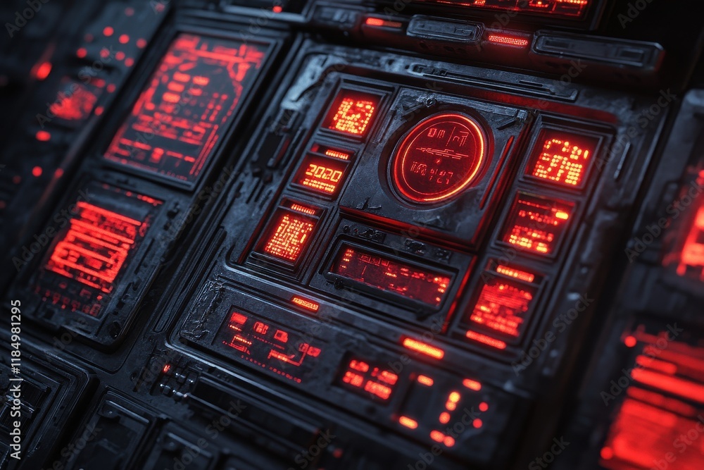 Poster futuristic control panel with glowing red interfaces and intricate tech designs.