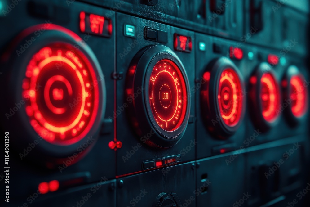 Poster close-up of futuristic control knobs with illuminated red lights, creating a high-tech atmosphere.