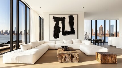 modern minimalist living room, large windows, natural light, white walls, wooden coffee table, abstract black and white artwork, white sofa, potted plant, earth tones, organic shapes, zen atmosphere, 