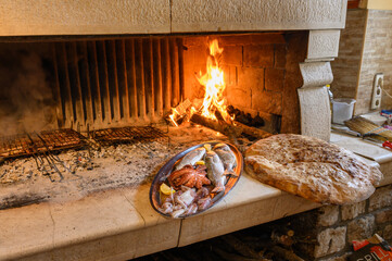 Traditional Dalmatian Fireplace with Fresh Seafood Platter and Homemade Bread