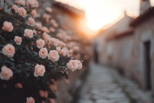 Romantic pink roses blooming along a cobblestone alley in a historic village at sunset with soft bokeh effect