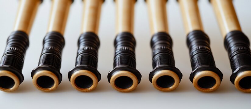 Close-up of eight identical, slender, beige musical wind instruments with black accents, arranged in a row on a white surface.
