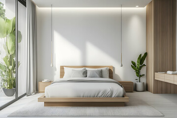 Modern bedroom featuring a wooden bed frame and elegant minimalist wall design in soft white tones