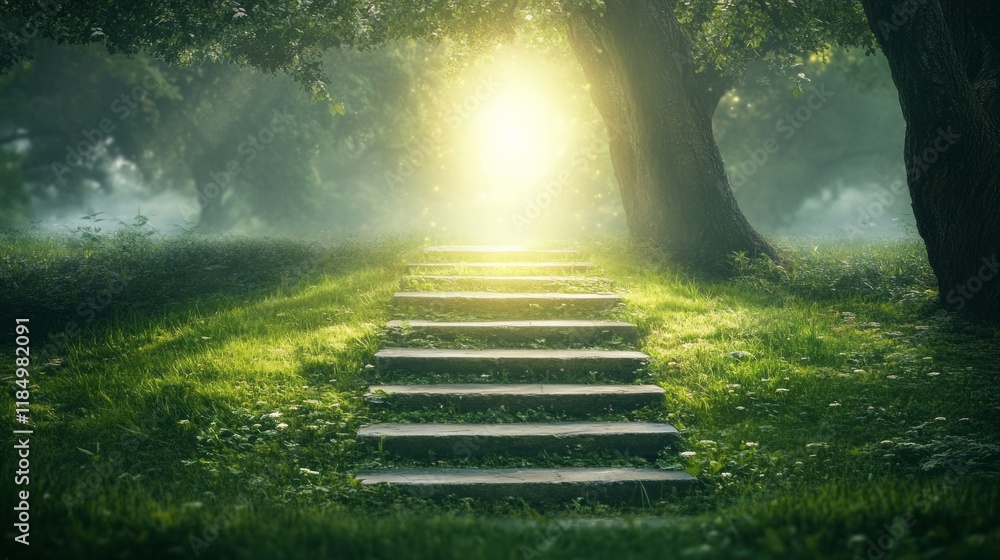 Poster A staircase seemingly floats above the soft grass in a tranquil forest. The air is filled with golden light as the steps beckon travelers to explore the enchanting surroundings