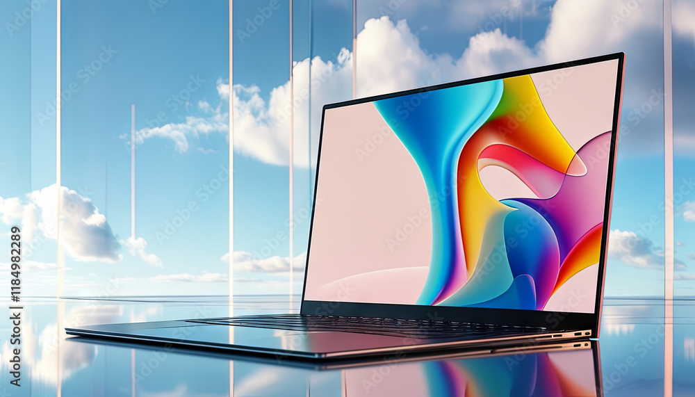 Poster a sleek laptop sits open, displaying a colorful abstract design on its screen. the backdrop features