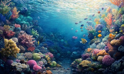 Naklejka premium Vivid coral reefs teeming with marine life, demonstrating the rich biodiversity of oceanic ecosystems.