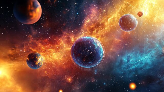  vast deep space background with planets and growing cloud floating around
