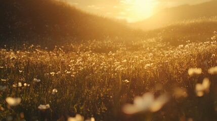 Golden sunset over a field of wildflowers.