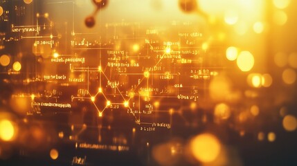 Abstract background with glowing golden mathematical formulas and bokeh lights.