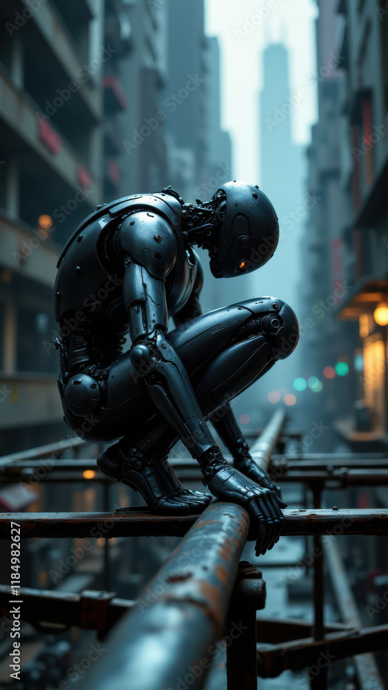 Poster an ai robot, appearing humanoid but with mechanical features, is shown in an urban setting at night,